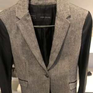 Zara Herringbone and faux leather Blazer Sz M